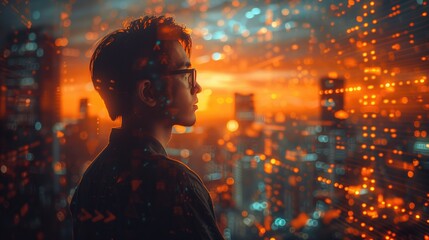 software consultant in a futuristic logistic background, clean and pastel orange lighting 