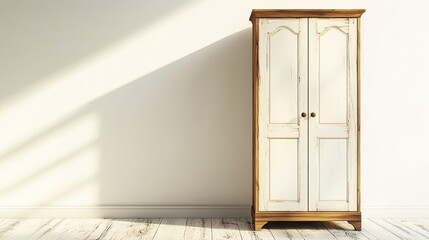Simple wooden wardrobe with white doors, standing elegantly against a white background. Perfect for promoting furniture in a minimalist home.