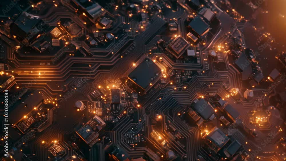 Poster a close-up of a circuit board with intricate patterns of wires and glowing lights, circuit boards wi