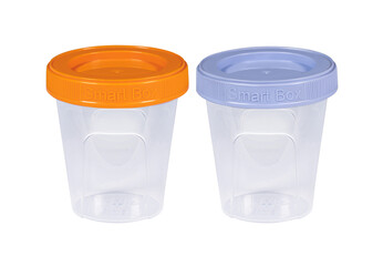 Plastic container set of two for drink food and foodstuffs with plastic cover. Colorful covers on long plastic container cup. Isolated on white background.