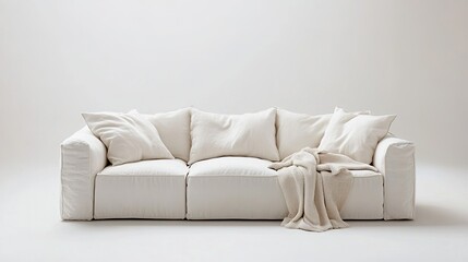 Naklejka premium Sleek white sofa with minimalist design, paired with a single throw blanket, centered in a clean white studio. Highlighting simple and modern living spaces.