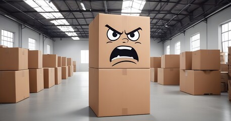 A person wearing a cardboard box with a angry face drawn on it, standing in an warehouse
