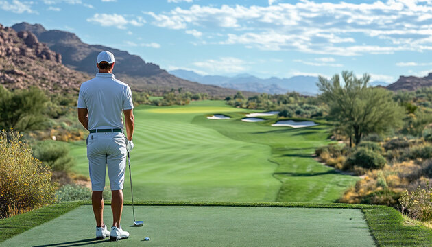 Golfer contemplating next shot on golf course with scenic desert mountain background