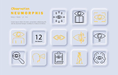 Observation set icon. Eye, search, focus, vision, surveillance, magnifying glass, observation tower, analysis, insight, exploration, focus group.