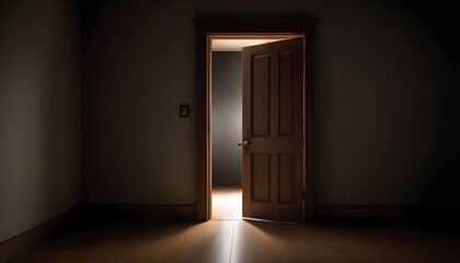 A wooden door opening to reveal a bright light in a dark room