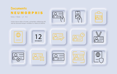 Documents set icon. ID card, passport, verification, application form, document check, digital ID, personal info, expiration, rejection, approval, security