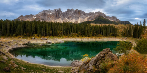 Karersee - panorama of the lake in the Dolomites during the day
