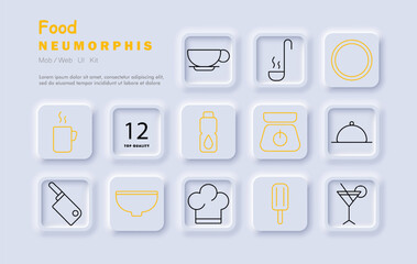 Food set icon. Coffee mug, soup bowl, ladle, cutting board, chef hat, kitchen scale, popsicle, drink, utensils, measuring tools, restaurant, serving dish