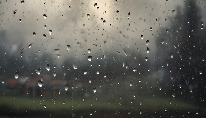 Obraz premium Raindrops on a glass window, with a blurred outdoor scene visible through the glass