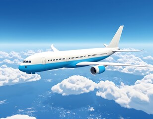 Obraz premium Flat style of passenger plane, clouds and blue sky for international world civil aviation day 