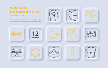 Mental health set icon. Dumbbell, mindfulness, medicine, mood, nutrition, sleep, acupuncture, mental balance, meditation, hydration, teamwork, dental health.