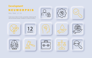 Development set icon. Privacy, sustainability, head growth, plant in hand, financial support, environment, law, education, global care, research, equality, balance