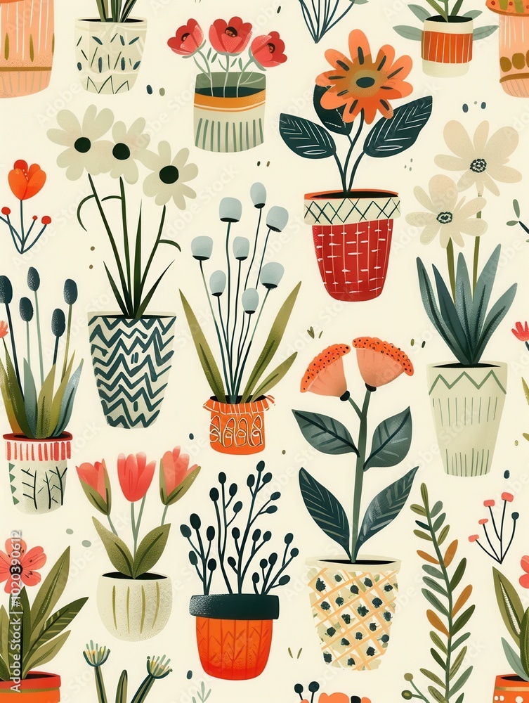 Poster a vibrant assortment of flowers displayed in decorative pots, featuring different styles and colors 