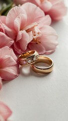 Gold and diamond rings on cherry blossoms with gray backdrop, symbolizing love