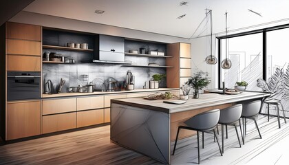 Modern kitchen being brought to life from architectural drawing sketch