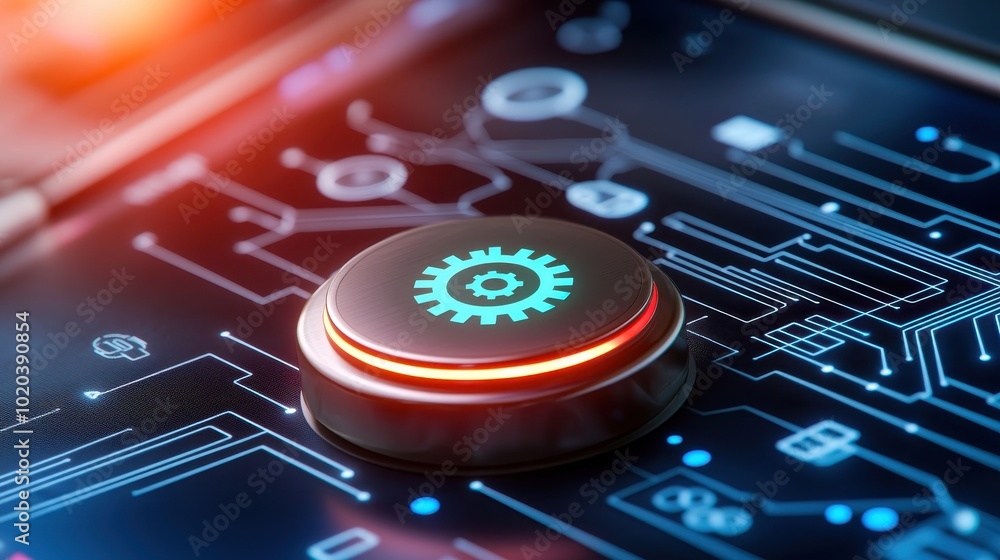 Poster close-up of a futuristic gear control button on a circuit board with glowing elements and vibrant co
