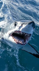 Naklejka premium A close-up of a shark emerging from the water with its mouth open.