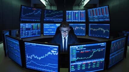 Focused trader analyzing financial data on multiple screens in a modern trading room.