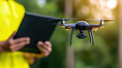 Drone flying with tablet in hand, capturing stunning aerial footage.
