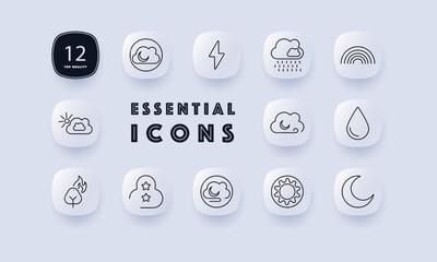 Weather set icon. Sun and cloud, lightning, rain, rainbow, night cloud, water drop, fire leaf, starry night, sun, crescent moon. Best for weather forecasting, climate, and nature themes