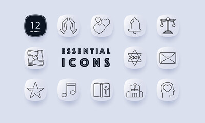 Faith set icon. Praying hands, heart, bell, balance scale, teamwork, star, music note, cross book, church, mind with heart. Great for spirituality, religion, and community themes