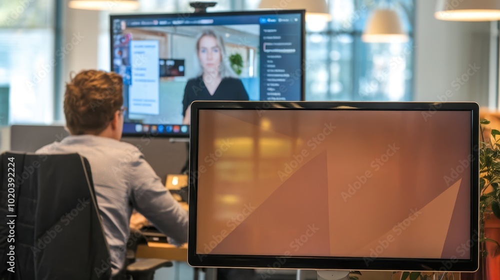 Aufkleber remote work setup with one person video conferencing at their desk, focused on a computer screen.