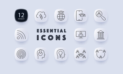 Education set icon. Cloud, Wi-Fi, graduate icon, magnifying glass, online learning, video conference, courthouse, knowledge, headphones, lightbulb. Best for education, online learning