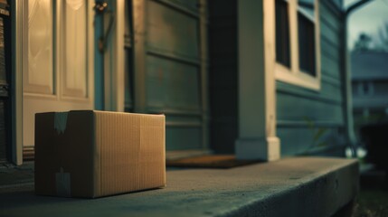 A single brown package sits on a doorstep at dusk, bathed in the warm glow of a porch light.