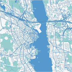 Map of New London in Connecticut in a professional blue style. Contains layered vector with roads water, parks, etc.