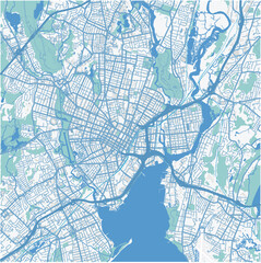 Map of New Haven in Connecticut in a professional blue style. Contains layered vector with roads water, parks, etc.
