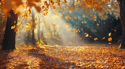 Fototapeta premium Autumn Scene with Trees and Leaves in Sunlight: An autumn scene featuring trees and leaves illuminated by sunlight, showcasing the beauty of the season.