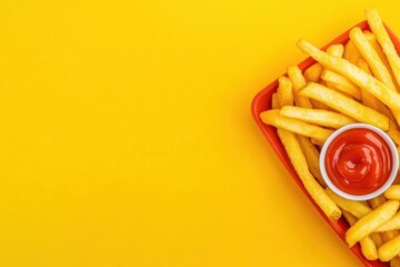 An overhead view of a tray of crispy French fries with a side of ketchup, set against a vibrant yellow background with ample blank space for commercial use text overlay