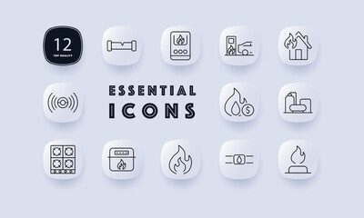 Gas set icon. Gas stove, fire safety, gas station, and fire extinguisher. Depicts symbols for energy consumption, fire hazards, and home heating systems