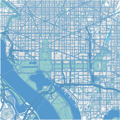 Map of Washington Center in District of Columbia in a professional blue style. Contains layered vector with roads water, parks, etc.