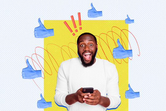Composite trend artwork sketch image photo collage of social media network gesture thumb like popular young man blogger hold phone smile