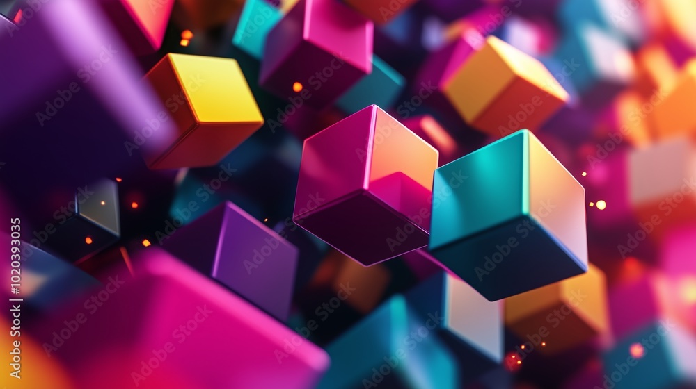 Poster colorful 3d cubes floating in abstract space with vibrant hues during a digital rendering session