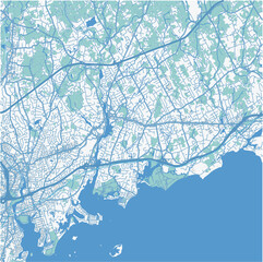 Map of Westport in Connecticut in a professional blue style. Contains layered vector with roads water, parks, etc.