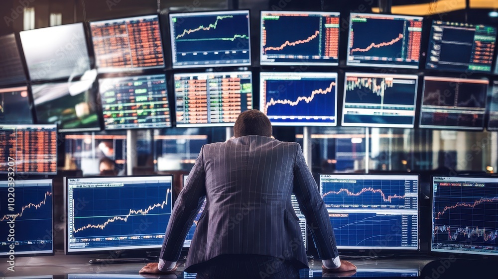 Poster a trader analyzing market trends at multiple screens, showcasing financial data and stock charts in 