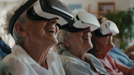Three seniors joyfully engage with virtual reality headsets, experiencing a digital adventure together.