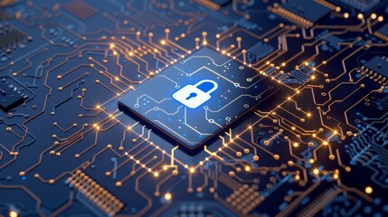 A digital circuit board with a central lock icon is lit up, symbolizing cybersecurity and the importance of digital protection.