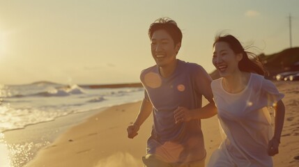 A couple laughs and runs playfully on a sunlit beach, embraced by warm sea breezes and waves in a moment of pure joy.