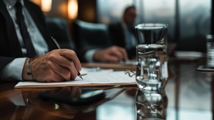 Hands poised over a document in a formal setting, with a glass of water reflecting the ambient light, symbolizing concentration and diligence.