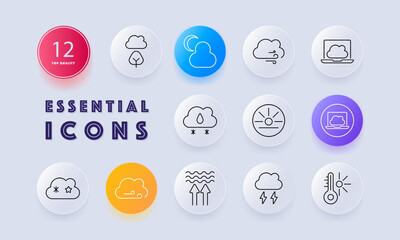 Weather and climate set icon. Features clouds, rain, wind, sun, and storms, representing different weather conditions and forecasts