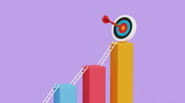 Small steps to success, step by step growth. Business goals, progress, improvement, achievements or objectives. 3D bar graph with ladders reaching the archery target. 4K 3D animation