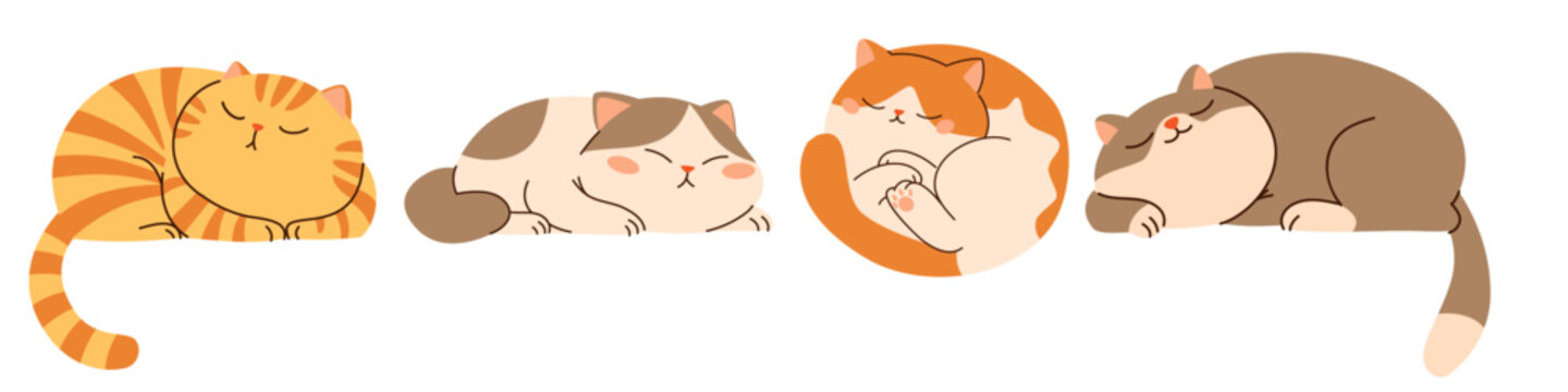 Set of flat vector illustrations in children's style. Cute sleeping cats on white background . Vector illustration