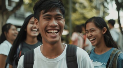 Group of friends with big smiles, captured in a moment of laughter and joy, showing the essence of carefree youth.