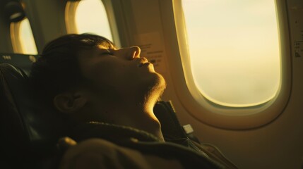 A young person peacefully drowses against the backdrop of a warm airplane sunset, encapsulating wanderlust and serenity.