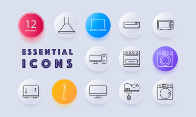 Kitchen and home electronics set icon. Includes oven, stove, blender, microwave, fridge, and laptop, representing essential household and cooking devices