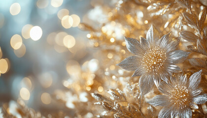 Golden christmas flowers creating festive holiday background with bokeh