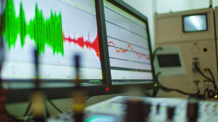 Close-up of colorful waveforms displayed on dual monitors in a modern audio or scientific analysis setting.